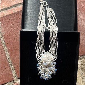 Elegant White and Blue Beaded Necklace